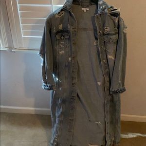 Long distressed denim trench jacket